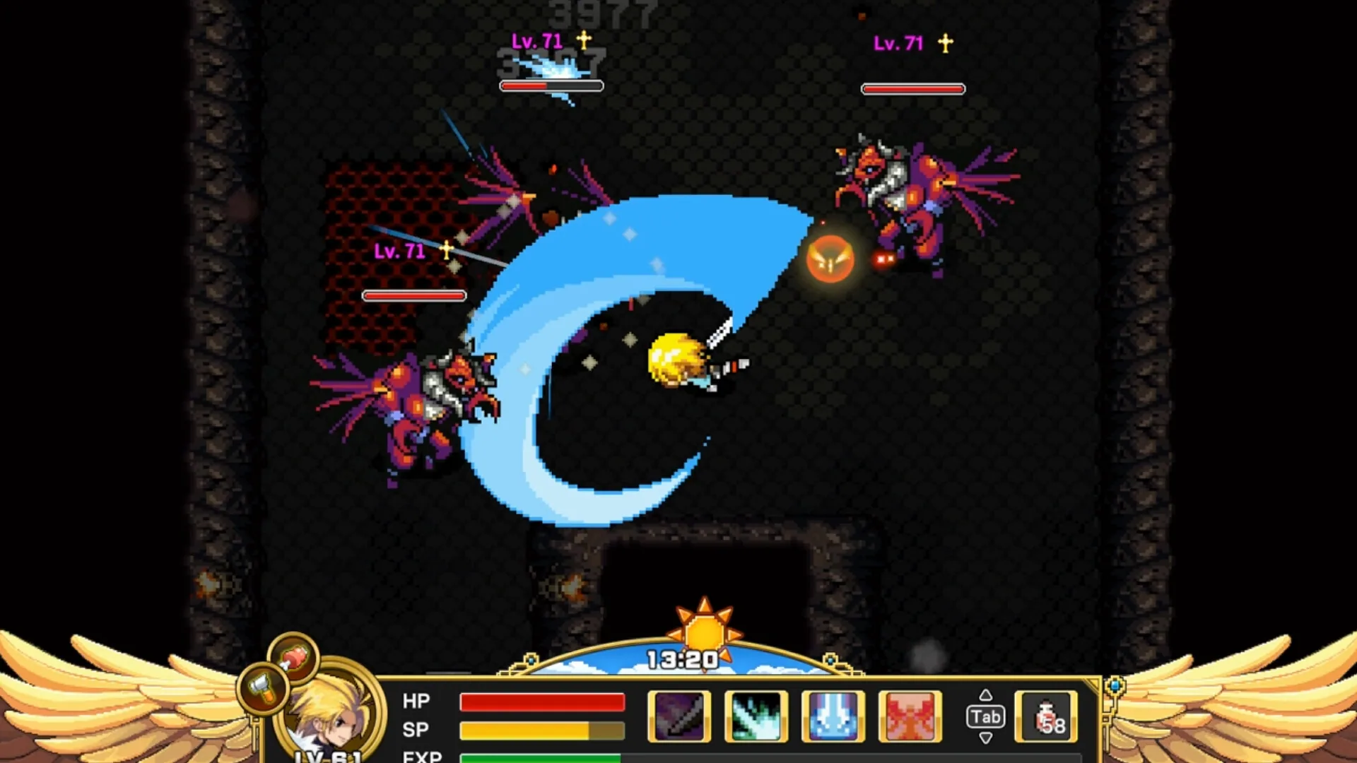 Dark dungeon: a blond hero swings a large blue crescent at three purple Lv.71 demons; clock 13:20, LV 61 HUD.