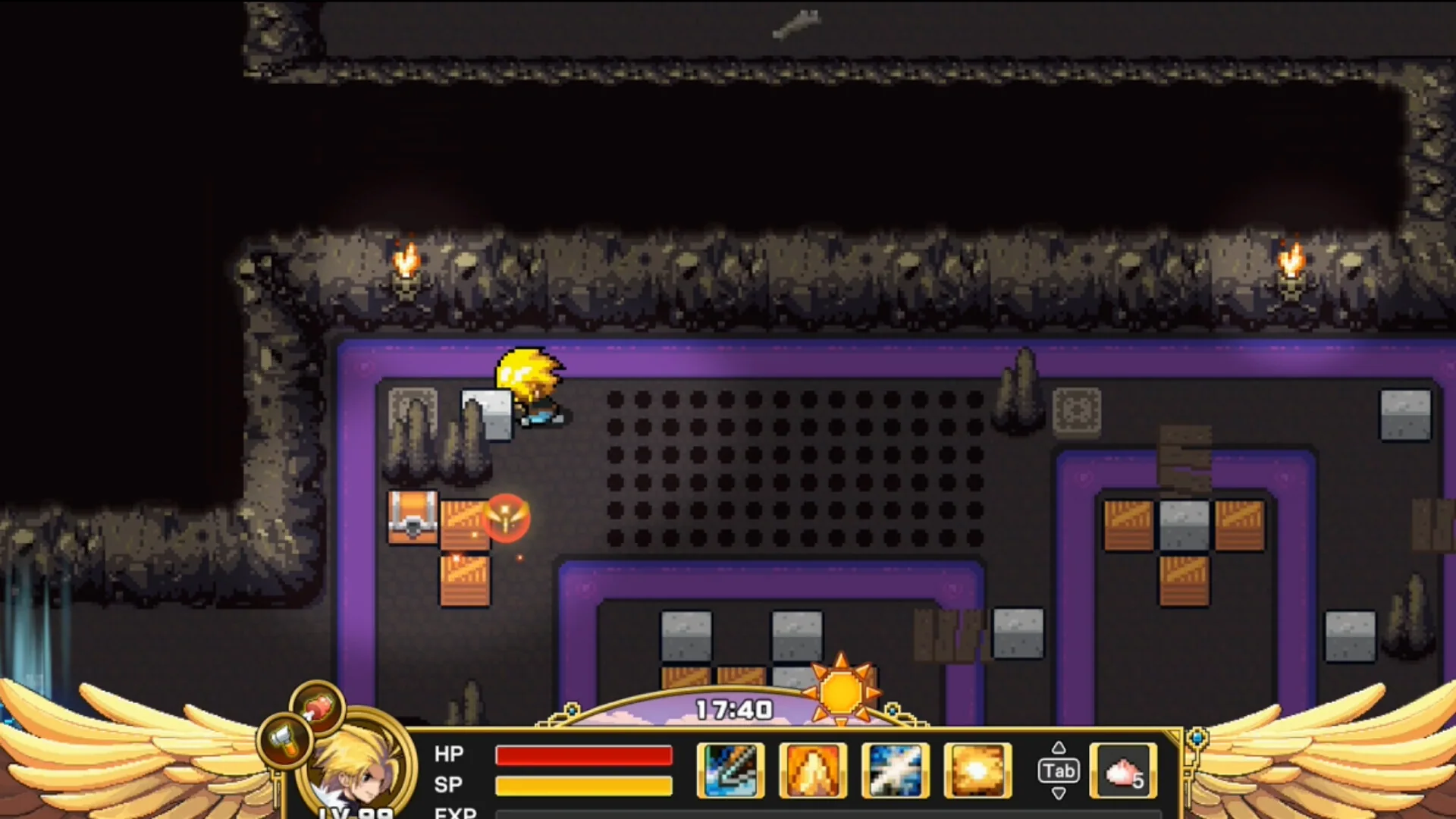 Torchlit dungeon with purple floors, crates, grey blocks and a blond LV 99 hero; sun clock 17:40 on the winged HUD.