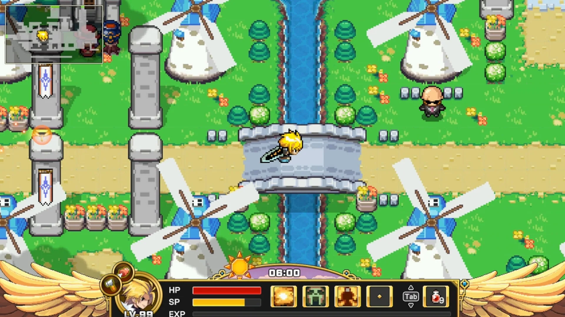 Town of four white-and-blue windmills around a stone bridge over a canal; blond LV 99 hero, sun clock 08:00.