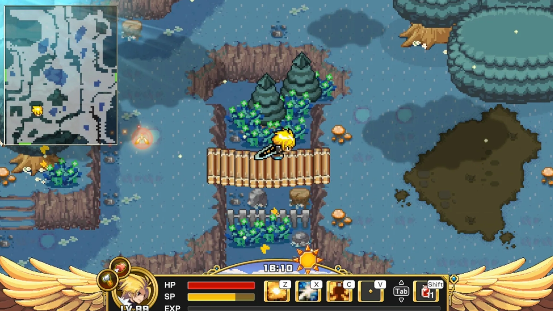 Rainy teal swamp: blond LV 99 hero on a wooden boardwalk among mushrooms and cypress; sun clock 16:10, minimap at left.