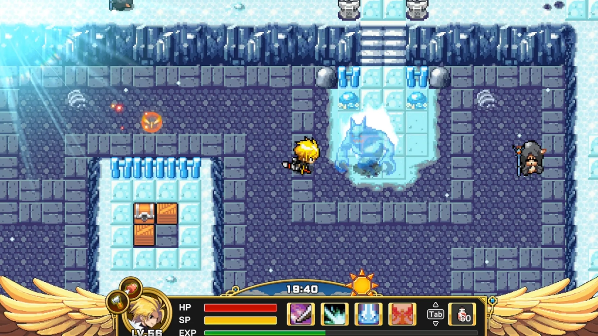Ice dungeon: blond LV 58 hero beside a blue ice golem, crates on an ice tile, hooded NPC; sun clock 19:40, weight icon 60.