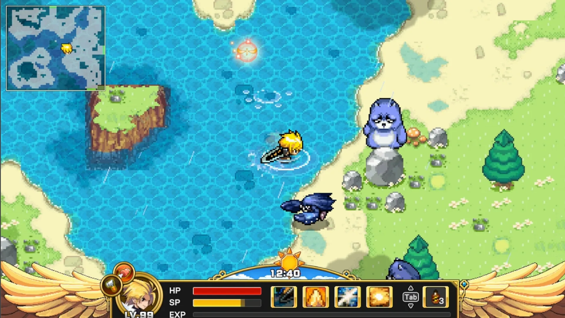 Blond LV.99 hero swimming a hexagonal-tile lake beside a blue raccoon on a rock and a blue bird; sun clock 12:40; winged HUD weight icon 3.