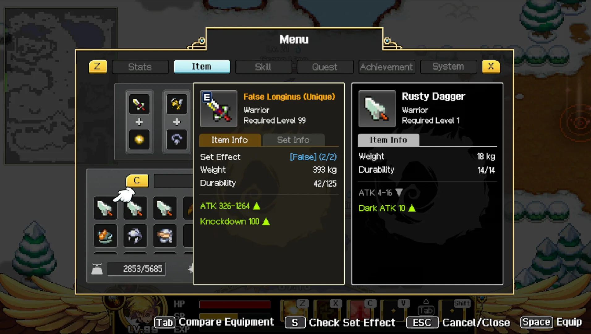 Menu Item tab comparing Unique False Longinus (Warrior, required level 99, 393 kg, ATK 326–1264) with Rusty Dagger; pack weight 2853/5685; Tab Compare Equipment prompt.