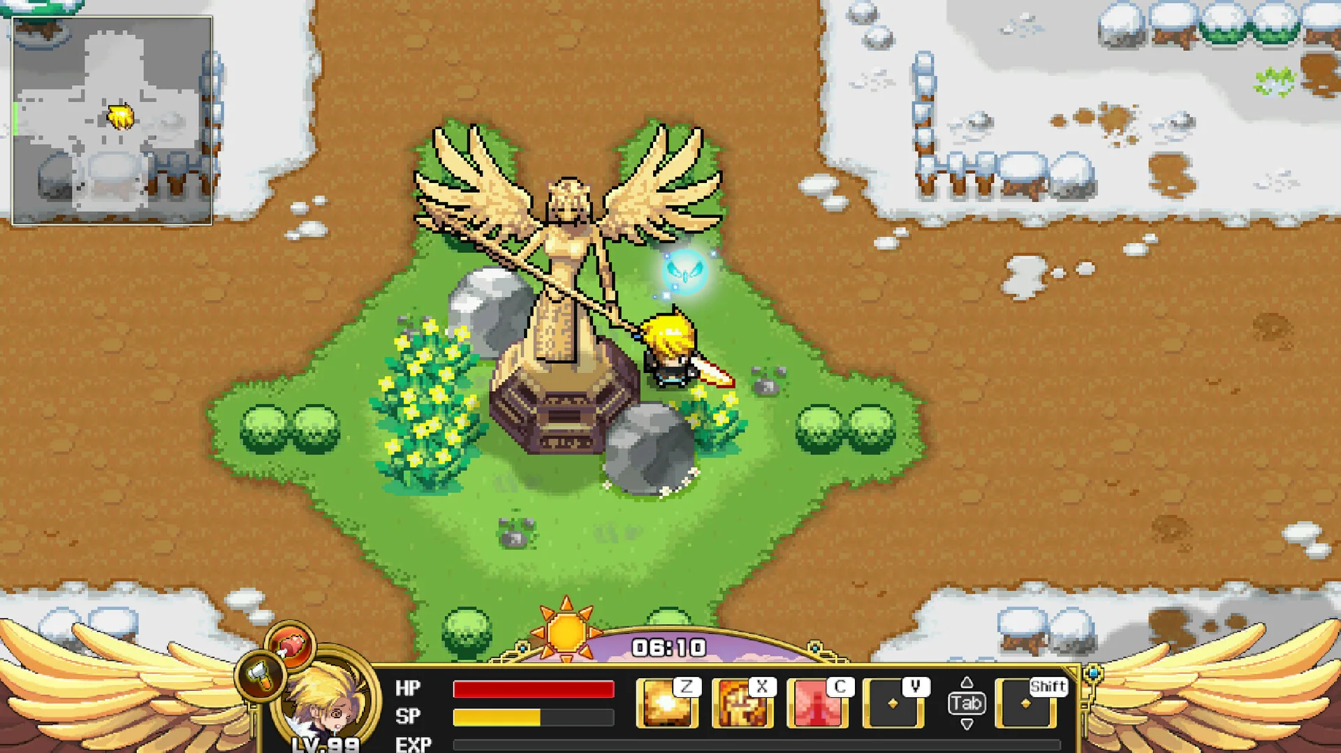 Golden winged statue holding a staff on a grassy island; blond LV.99 hero beside it; sun clock 08:10 on the winged HUD.