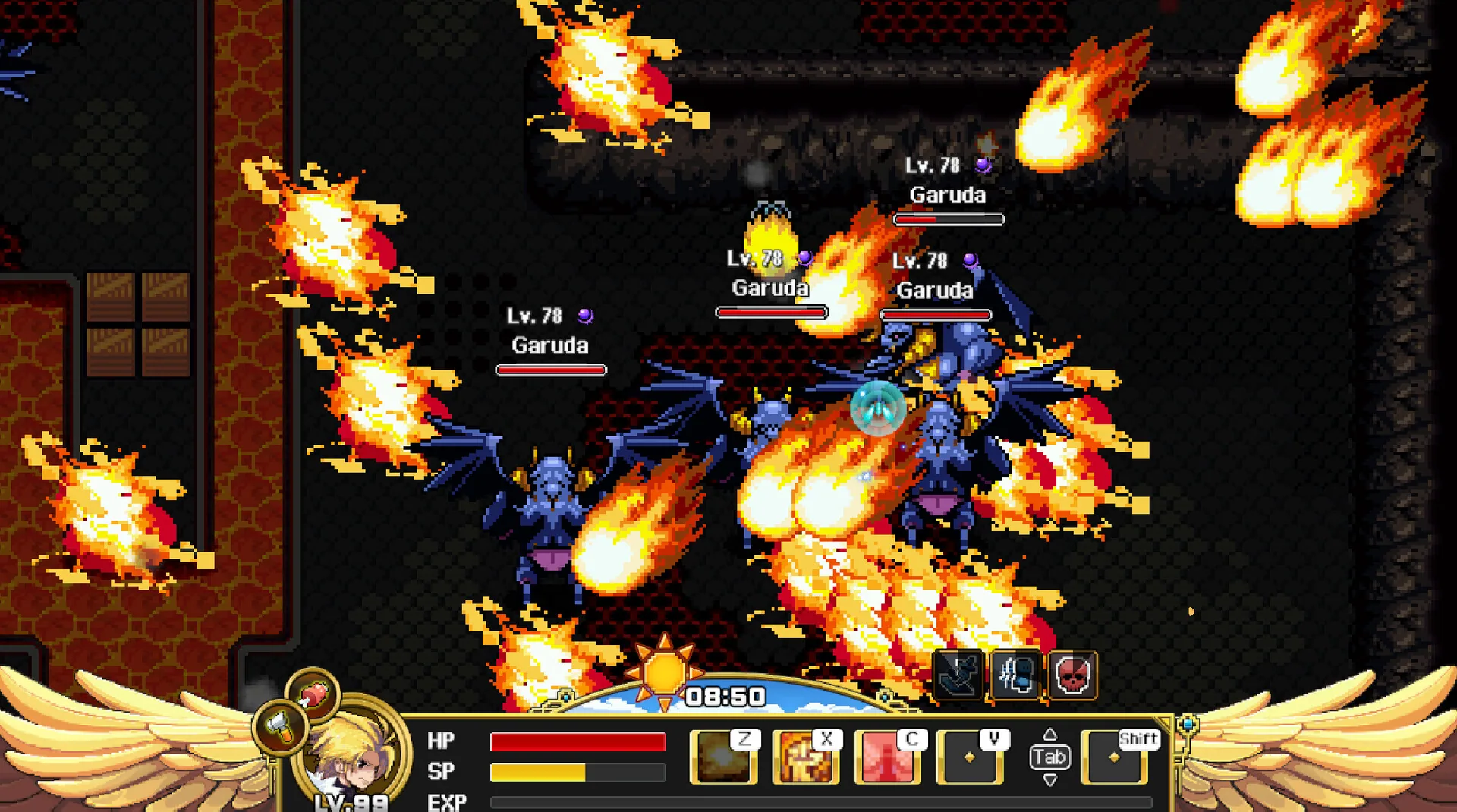 Indoor hall: four Lv.78 Garuda and fireballs around a blond LV.99 hero; sun clock 08:50 on the winged HUD.