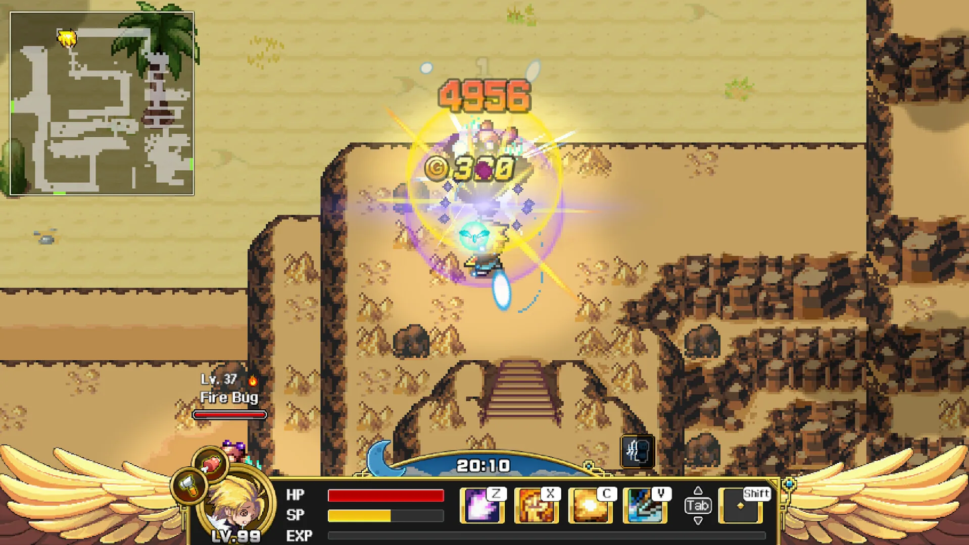 Desert ruin: blond LV.99 hero hits for 4956 and 300 gold against Fire Bug Lv.37; moon clock 20:10 on the winged HUD.