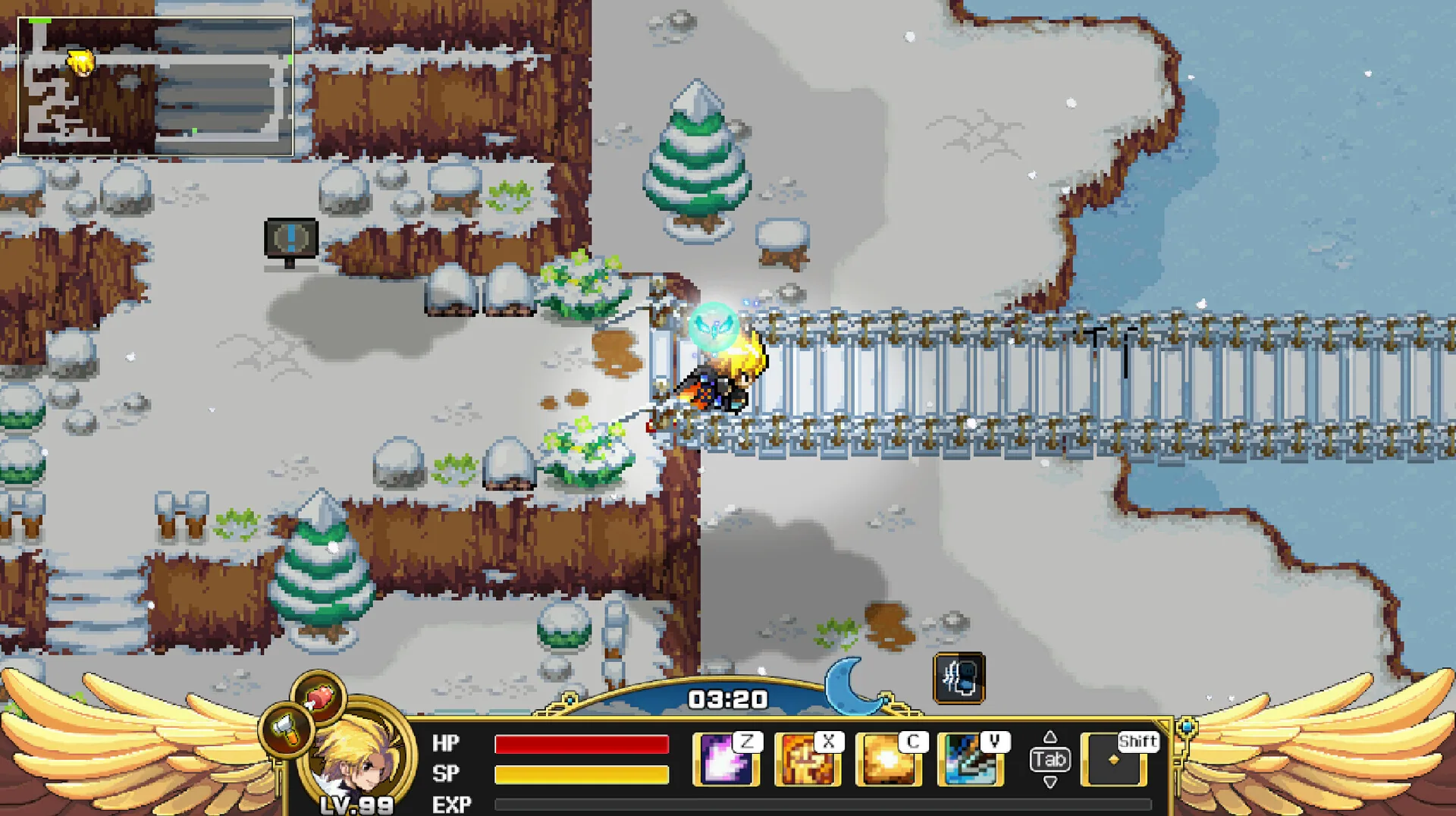 Snow shore at night: blond LV.99 hero on a silver rail bridge; moon clock 03:20 on the winged HUD.