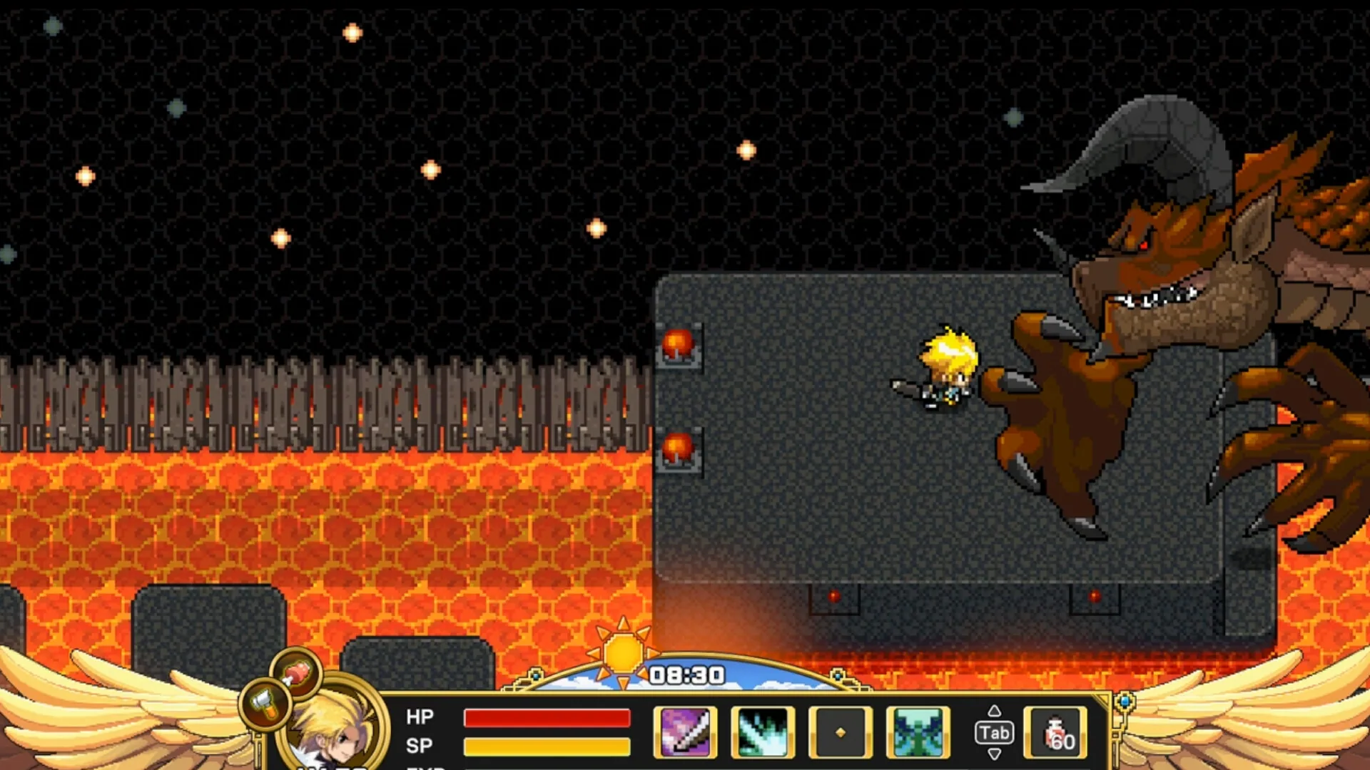 Lava dungeon: blond LV.99 hero on a stone platform facing a huge horned brown dragon; sun clock 08:30; weight icon 60.