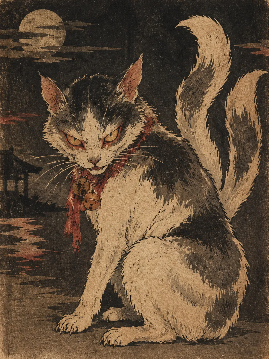 妖怪「猫又」(ねこまた)の浮世絵風イラスト